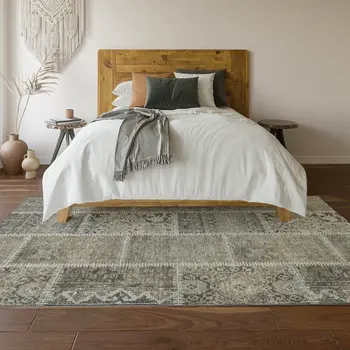 3' X 5' Taupe And Ivory Patchwork Washable Area Rug With UV Protection