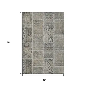 3' X 5' Taupe And Ivory Patchwork Washable Area Rug With UV Protection