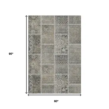 5' X 8' Taupe And Ivory Patchwork Washable Area Rug With UV Protection