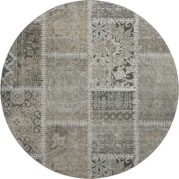 8' Taupe And Ivory Patchwork Washable Round Rug With UV Protection
