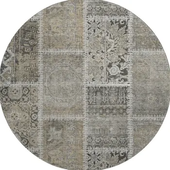 8' Taupe And Ivory Patchwork Washable Round Rug With UV Protection