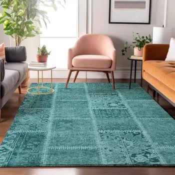 3' X 5' Turquoise And Aqua Patchwork Washable Area Rug With UV Protection