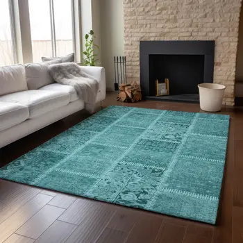 5' X 8' Turquoise And Aqua Patchwork Washable Area Rug With UV Protection