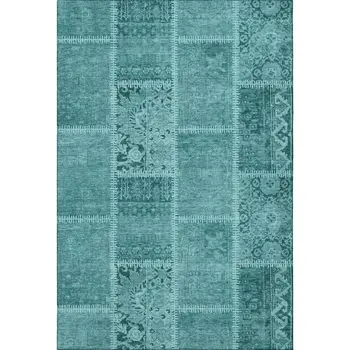 5' X 8' Turquoise And Aqua Patchwork Washable Area Rug With UV Protection