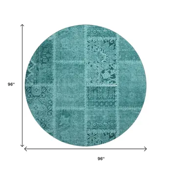 8' Turquoise And Aqua Patchwork Washable Round Rug With UV Protection