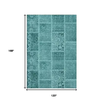 10' X 14' Turquoise And Aqua Patchwork Washable Area Rug With UV Protection