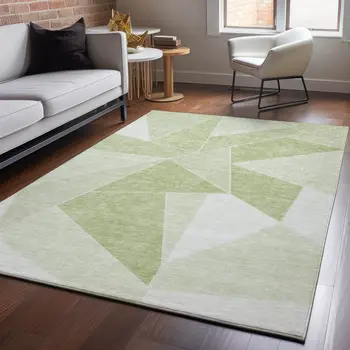 3' X 5' Artichoke Green And Ivory Geometric Washable Area Rug With UV Protection