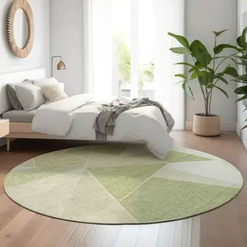 8' Artichoke Green And Ivory Geometric Washable Round Rug With UV Protection
