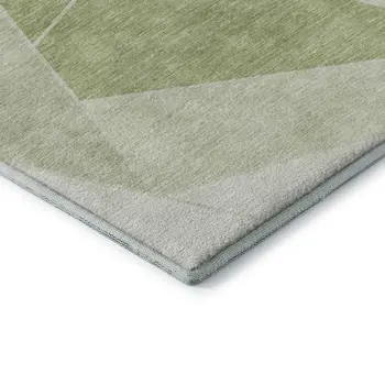 8' Artichoke Green And Ivory Geometric Washable Round Rug With UV Protection