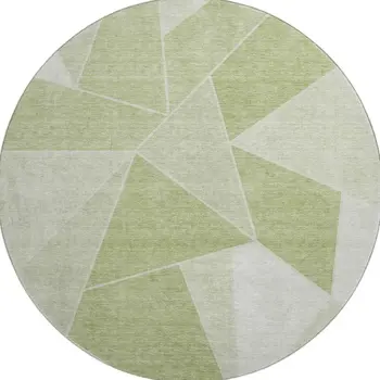 8' Artichoke Green And Ivory Geometric Washable Round Rug With UV Protection