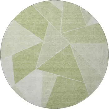 8' Artichoke Green And Ivory Geometric Washable Round Rug With UV Protection