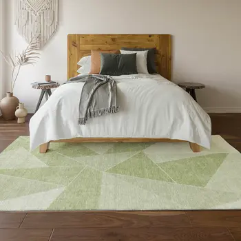 9' X 12' Artichoke Green And Ivory Geometric Washable Area Rug With UV Protection