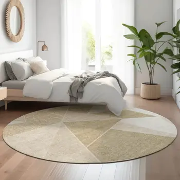 8' Beige And Ivory Geometric Washable Round Rug With UV Protection