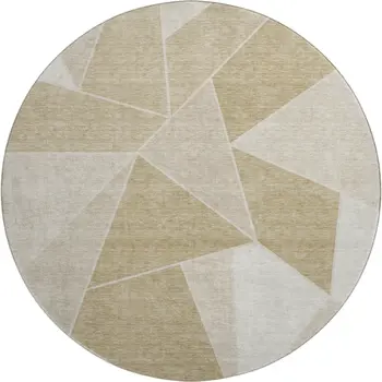 8' Beige And Ivory Geometric Washable Round Rug With UV Protection