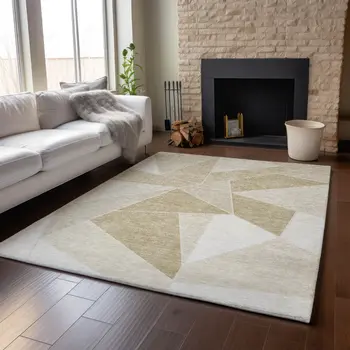9' X 12' Beige And Ivory Geometric Washable Area Rug With UV Protection