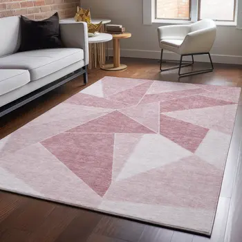 3' X 5' Blush And Ivory Geometric Washable Area Rug With UV Protection