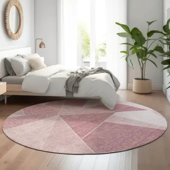 8' Blush And Ivory Geometric Washable Round Rug With UV Protection