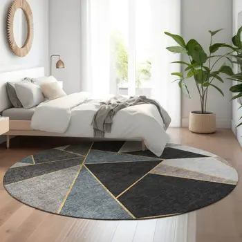 8' Blue Charcoal And Ivory Geometric Washable Round Rug With UV Protection