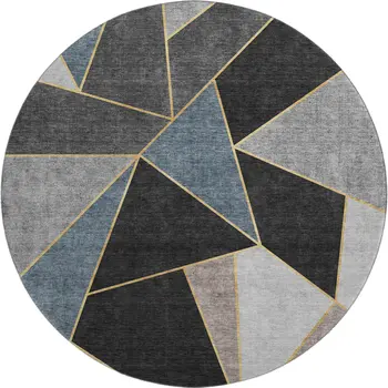 8' Blue Charcoal And Ivory Geometric Washable Round Rug With UV Protection