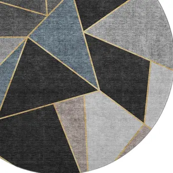 8' Blue Charcoal And Ivory Geometric Washable Round Rug With UV Protection