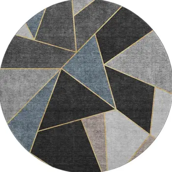 8' Blue Charcoal And Ivory Geometric Washable Round Rug With UV Protection