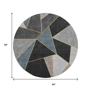 8' Blue Charcoal And Ivory Geometric Washable Round Rug With UV Protection