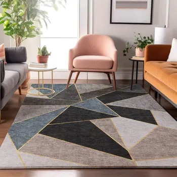 8' X 10' Blue Charcoal And Ivory Geometric Washable Area Rug With UV Protection