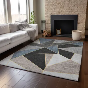 8' X 10' Blue Charcoal And Ivory Geometric Washable Area Rug With UV Protection