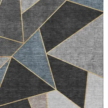 9' X 12' Blue Charcoal And Ivory Geometric Washable Area Rug With UV Protection