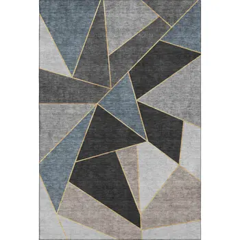 10' X 14' Blue Charcoal And Ivory Geometric Washable Area Rug With UV Protection