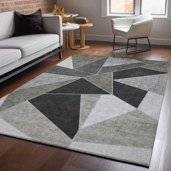 5' X 8' Coffee Charcoal And Ivory Geometric Washable Area Rug With UV Protection