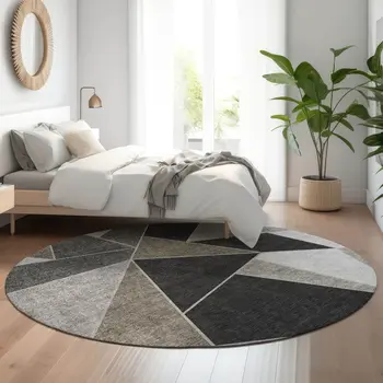 8' Coffee Charcoal And Ivory Geometric Washable Round Rug With UV Protection