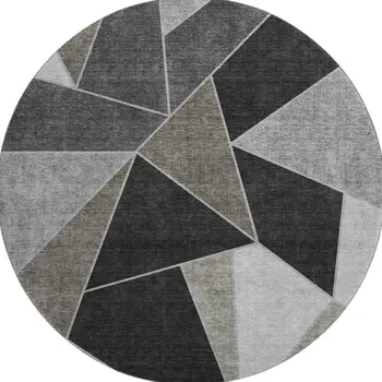 8' Coffee Charcoal And Ivory Geometric Washable Round Rug With UV Protection