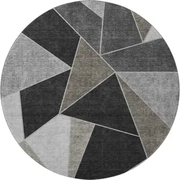 8' Coffee Charcoal And Ivory Geometric Washable Round Rug With UV Protection