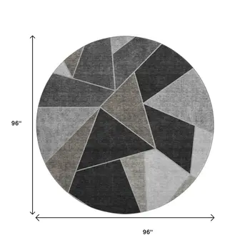 8' Coffee Charcoal And Ivory Geometric Washable Round Rug With UV Protection