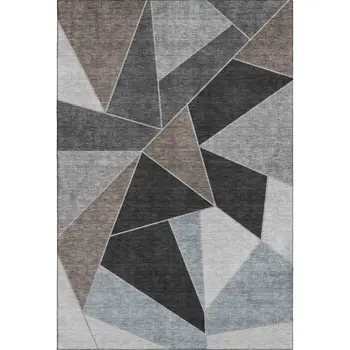 5' X 8' Chocolate Brown And Gray Geometric Washable Area Rug With UV Protection
