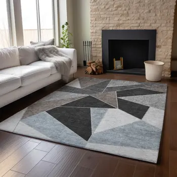5' X 8' Chocolate Brown And Gray Geometric Washable Area Rug With UV Protection