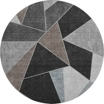 8' Chocolate Brown And Gray Geometric Washable Round Rug With UV Protection
