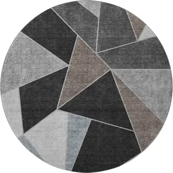8' Chocolate Brown And Gray Geometric Washable Round Rug With UV Protection