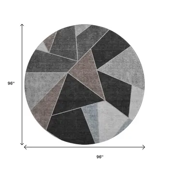8' Chocolate Brown And Gray Geometric Washable Round Rug With UV Protection