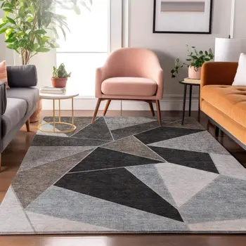 8' X 10' Chocolate Brown And Gray Geometric Washable Area Rug With UV Protection