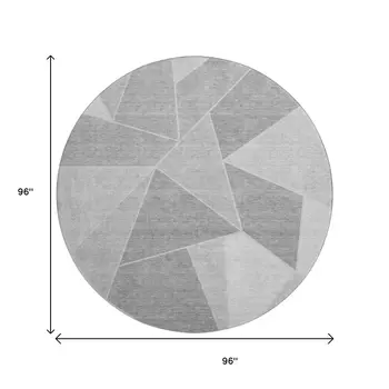 8' Gray And Silver Geometric Washable Round Rug With UV Protection