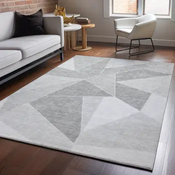 8' X 10' Gray And Silver Geometric Washable Area Rug With UV Protection