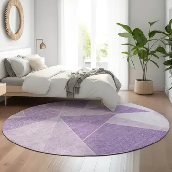 8' Lilac And Ivory Geometric Washable Round Rug With UV Protection