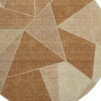 8' Chili Red And Beige Geometric Washable Round Rug With UV Protection