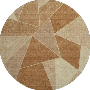 8' Chili Red And Beige Geometric Washable Round Rug With UV Protection