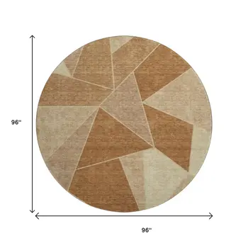 8' Chili Red And Beige Geometric Washable Round Rug With UV Protection