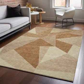 8' X 10' Chili Red And Beige Geometric Washable Area Rug With UV Protection