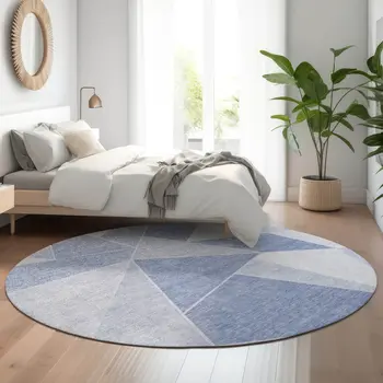 8' Sky Blue And Ivory Geometric Washable Round Rug With UV Protection