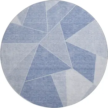 8' Sky Blue And Ivory Geometric Washable Round Rug With UV Protection